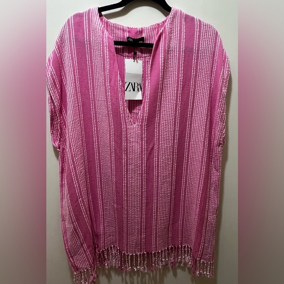 Zara Fringe Rustic Caftan Swim Cover Up pink & white stripes S/M NWT - Picture 6 of 14